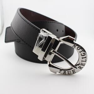 True Religion Belt Mens 36 Black Brown Reversible Horseshoe Buckle
